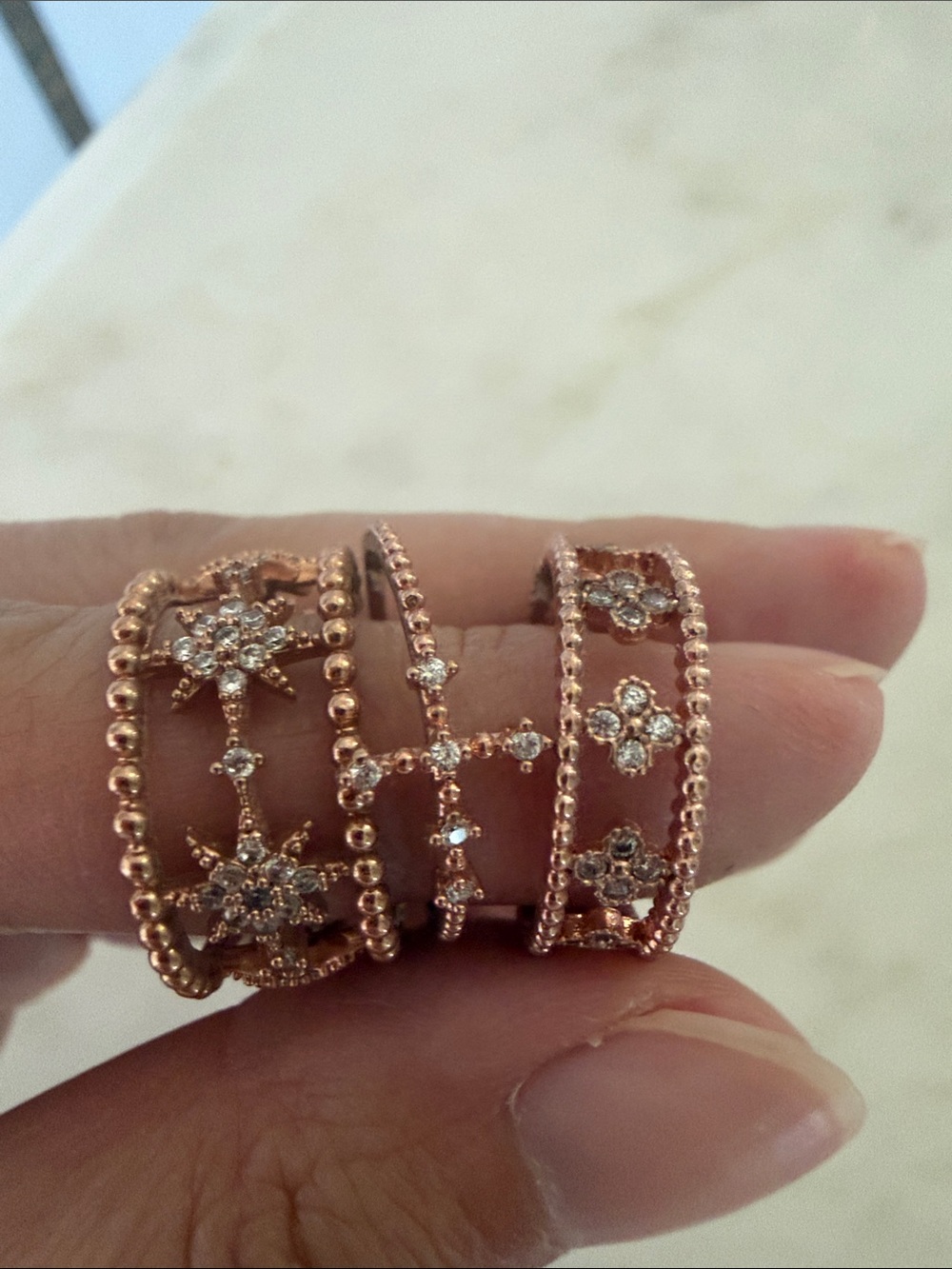 Delicate Rose Gold Color Floral Stackable Ring Set - Picture 3 of 3